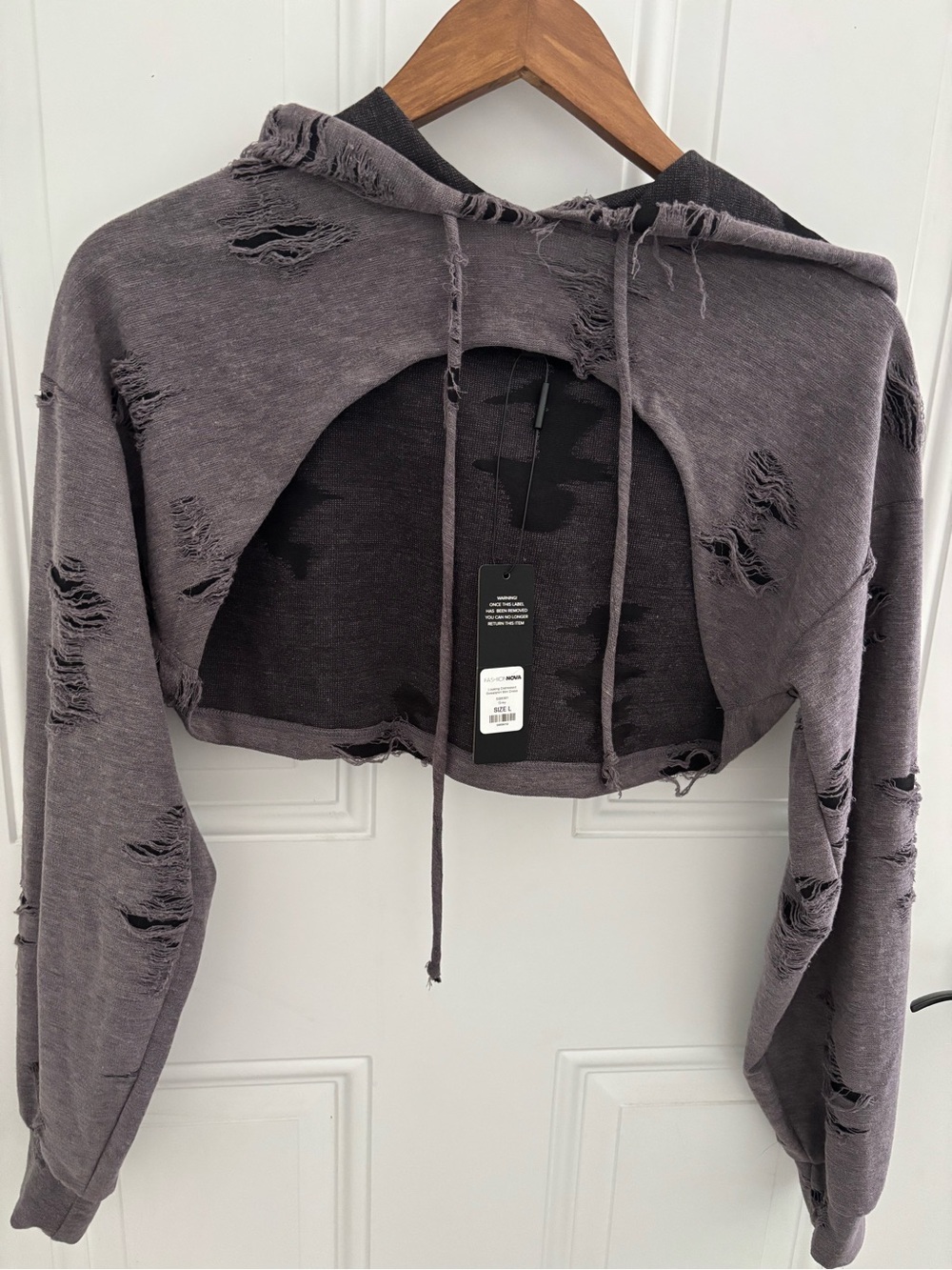 Fashion Nova Charcoal Distressed Cropped Hoodie